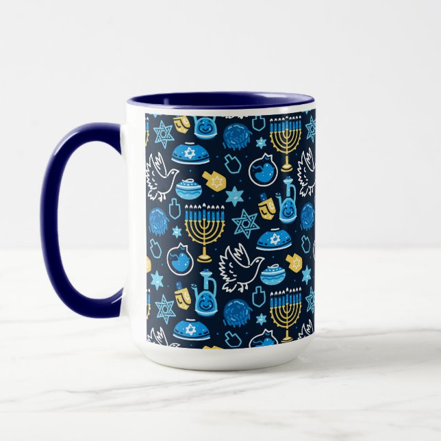 Taza Símbolos de Hanukkah Patrón azul (Izquierda)
