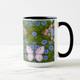 Taza Simetría de mariposas y flores, azul y rosa