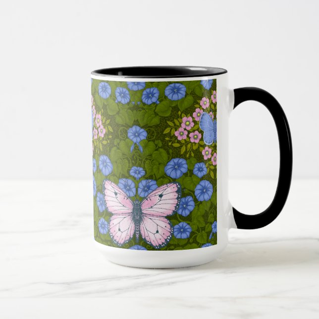 Taza Simetría de mariposas y flores, azul y rosa (Derecha)