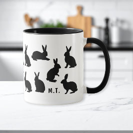 Taza Simple Bunny Pattern In Black With Custom Monogram