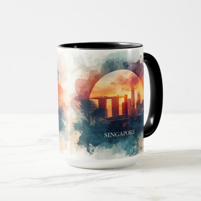 Taza Singapore city retro watercolor Skyline (Anverso derecho)