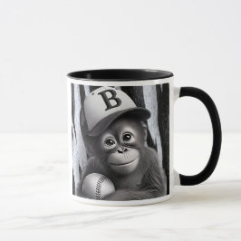 Taza Singe joueur de baseball avec casquette et balle.