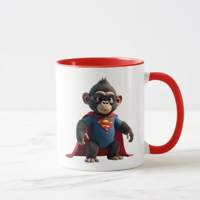 Taza Singe super-héros avec cape rouge et costume. (Derecha)