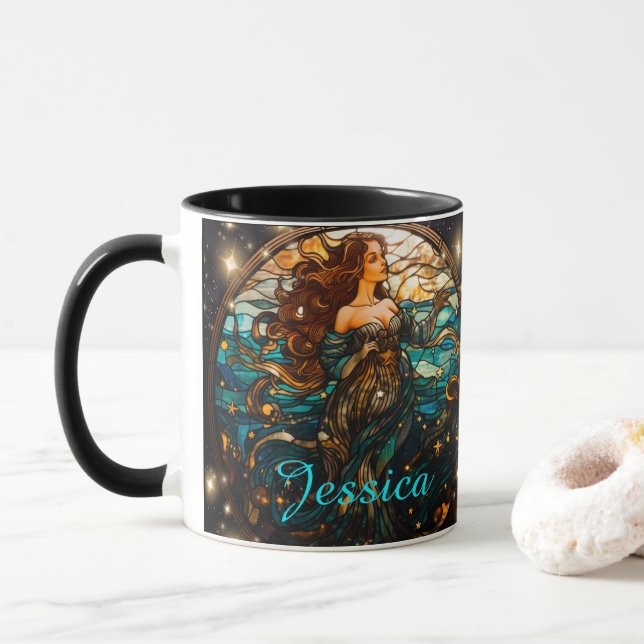 Taza Sirena de Fantasía de Vidrio Manchado verde azulad (Con donut)