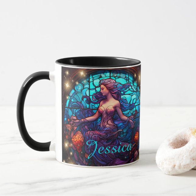 Taza Sirena de Fantasía de Vidrio verde azulado y Morad (Con donut)