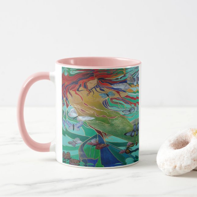 Taza Sirena Nadando con mariposas Fantasía Arte (Con donut)
