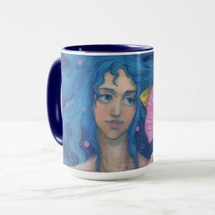 Taza Sirena pequeña, arte de fantasía subacuático, azul