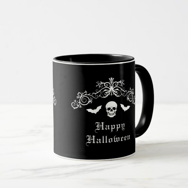 Taza Skull Y Bats Gothic Feliz Halloween Negro (Anverso derecho)