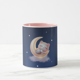 Taza Sleeping Kitten on Moon – Cute Kawaii Cat Mug