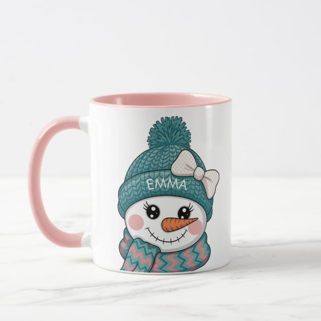 Taza Smiling Snowman Face Name Christmas bow (Izquierda)