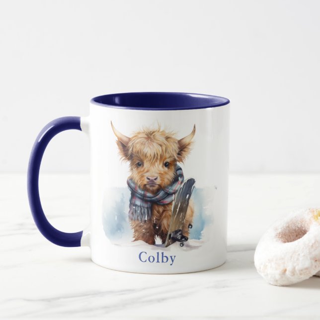 Taza Snowboarding Highland Cow Blue Mug (Con donut)