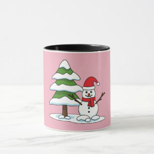 Taza Snowman con un árbol de pino con nieve