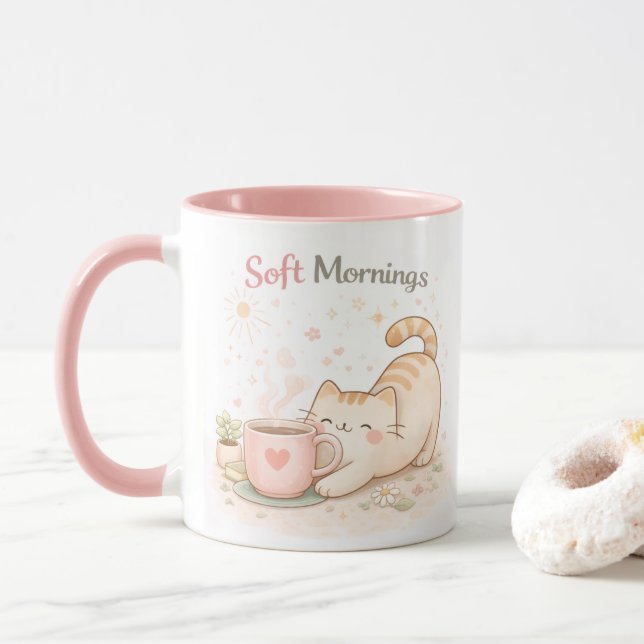Taza Soft Morning Kawaii Cute Cat Coffee Sweet Pink (Con donut)