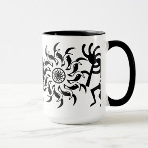 Taza Sol tribal Kokopelli de color blanco negro N