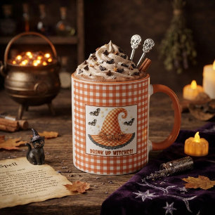 Taza Sombrero de Bruja de Cuadros Naranja y Murciélagos