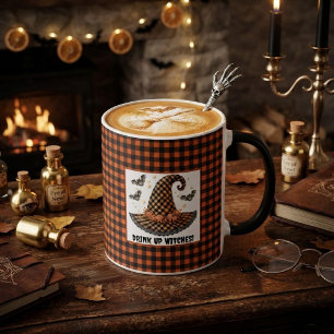 Taza Sombrero de Bruja de Cuadros Naranja y Negro de Ha