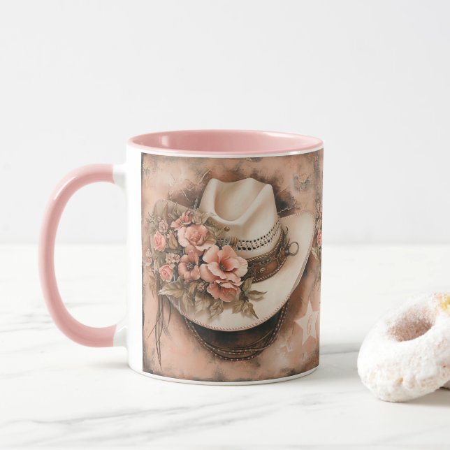 Taza Sombrero de Vaquera Boho con Flores de Salmón (Con donut)