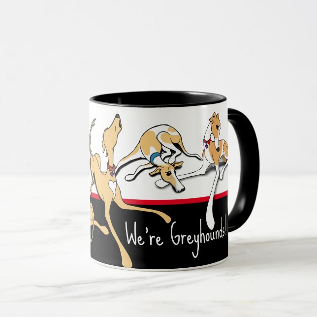Taza ¡Somos Greyhounds! Tema negro, blanco y rojo. (Anverso derecho)