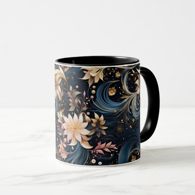 Taza Sophisticated Gold Flowers On Navy Blue (Anverso derecho)