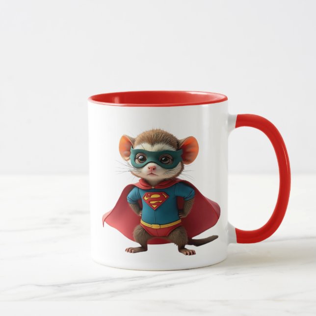Taza Souris super-héros avec cape rouge et masque. (Derecha)