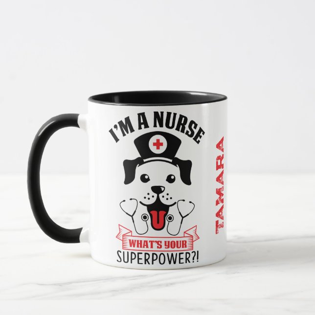 Taza Soy enfermera, ¿cuál es tu superpoder? negro/rojo (Izquierda)