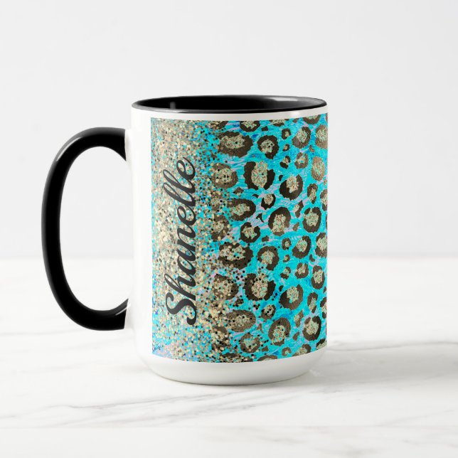 Taza Sparkly Purpurinoso de Leopardo Turquesa (Izquierda)