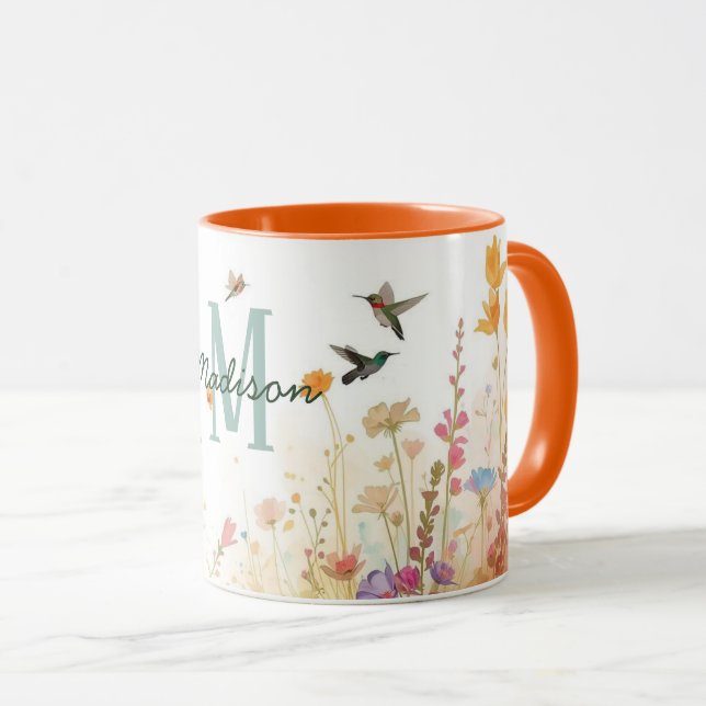 Taza Spring Watercolor Birds Floral Monogram Wildflower (Anverso derecho)