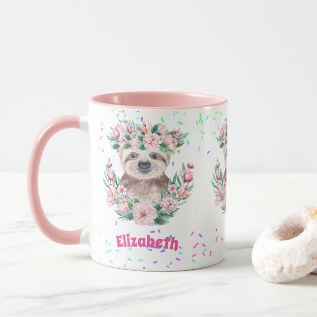 Taza Sprinkles SLOTH Boho Chicas Flores rosas Regalos C (Con donut)