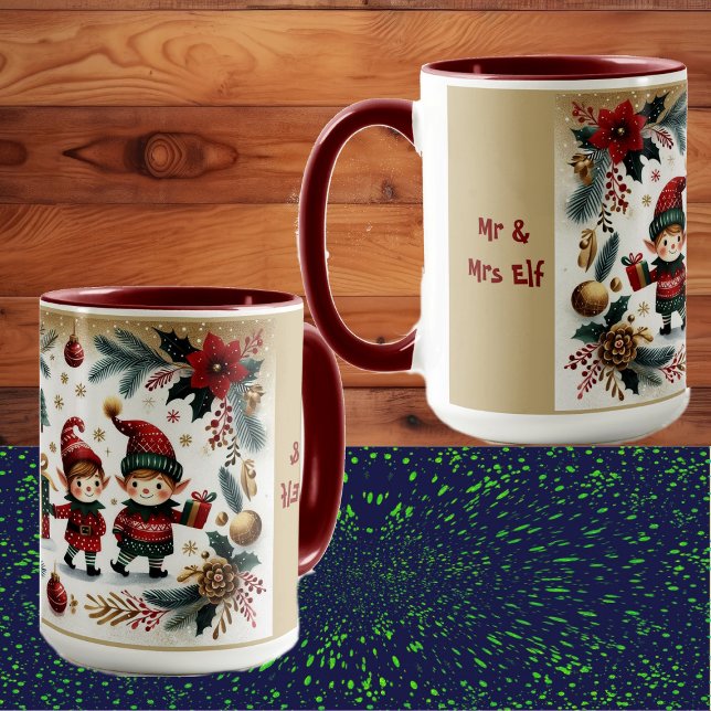 Taza Sr. y Sra. Elf Merry Christmas Poinsettia Botanica (Mr & Mrs Elf Merry Christmas Poinsettia Botanicals Mug)