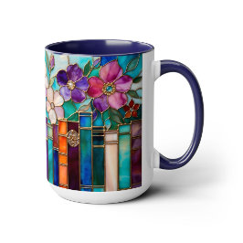 Taza Stained Glass Style Books Floral Mug