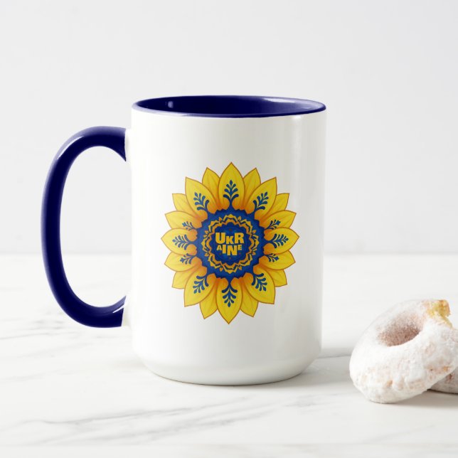 Taza Stand with Ukraine Sunflower blue yellow flag (Con donut)