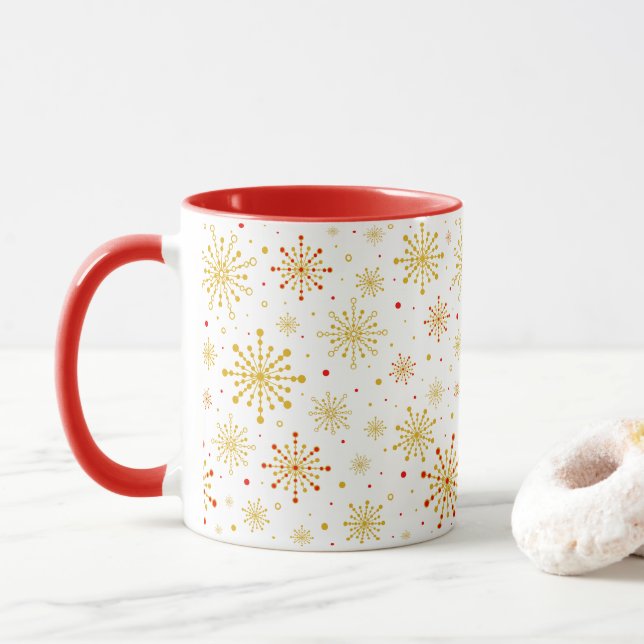 Taza Starburst Retro Atomic MidCentury Mod Red & Gold (Con donut)