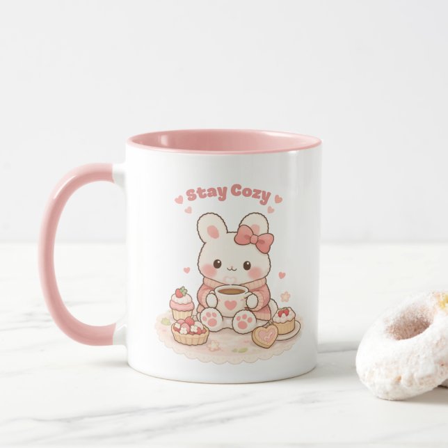 Taza Stay Cozy Cute Bunny Rabbit Sweet Pink (Con donut)