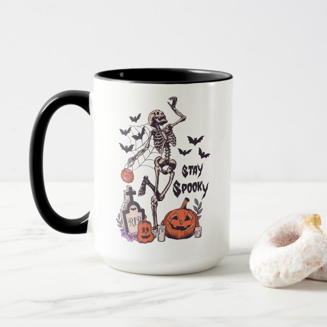 Taza Stay Spookone Halloween Skeleton Spider Bat Pumpki (Con donut)