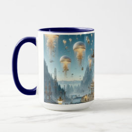 Taza Steampunk Futurista ciudad antigua con medusas