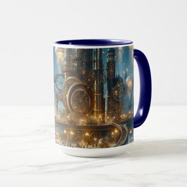 Taza Steampunk Futurista ciudad antigua con medusas (Anverso derecho)