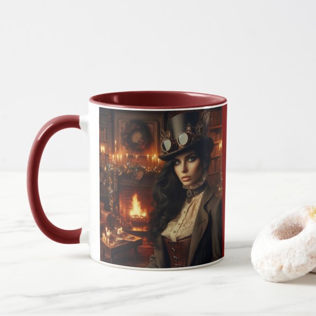 Taza Steampunk Vintage Victoriana Navidades Rojo (Con donut)