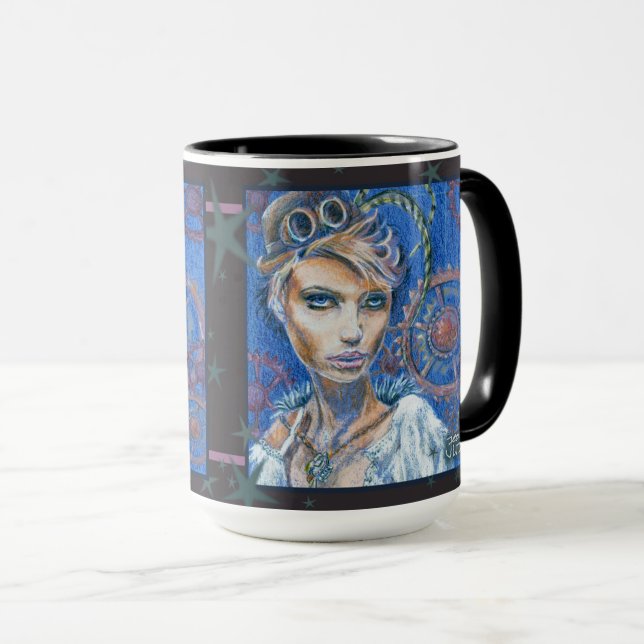 Taza Steampunk Woman Fantasy Retrato Mug con engranajes (Anverso derecho)