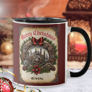 Taza Steampunk Wreath Cogs Feliz Navidad personalizado