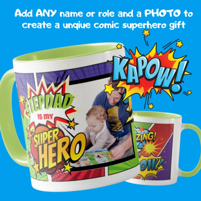 Taza STEPDAD Is My SUPERHERO Personalized PHOTO COMIC (Subido por el creador)