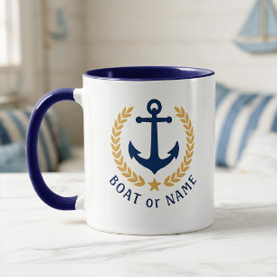 Taza Su barco o nombre Ancla Estilo Laurel Azul