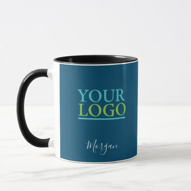 Taza Su logotipo/arte/foto, Nombre guión blanco, Azul m (Izquierda)