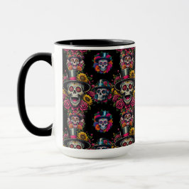 Taza Sugar Skull Art -Top Hat Flor Fiesta