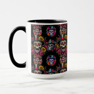 Taza Sugar Skull Art -Top Hat Flor Fiesta