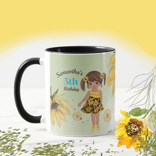 Taza Sunflower Watercolor Quinto Chica Cumpleaños (Sunflower Watercolor Fifth Girl Birthday Coffee Mug)
