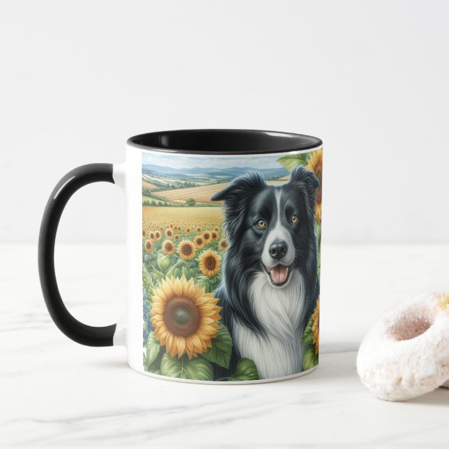 Taza Sunflowers and Border Collie Dog Lover Mug (Con donut)