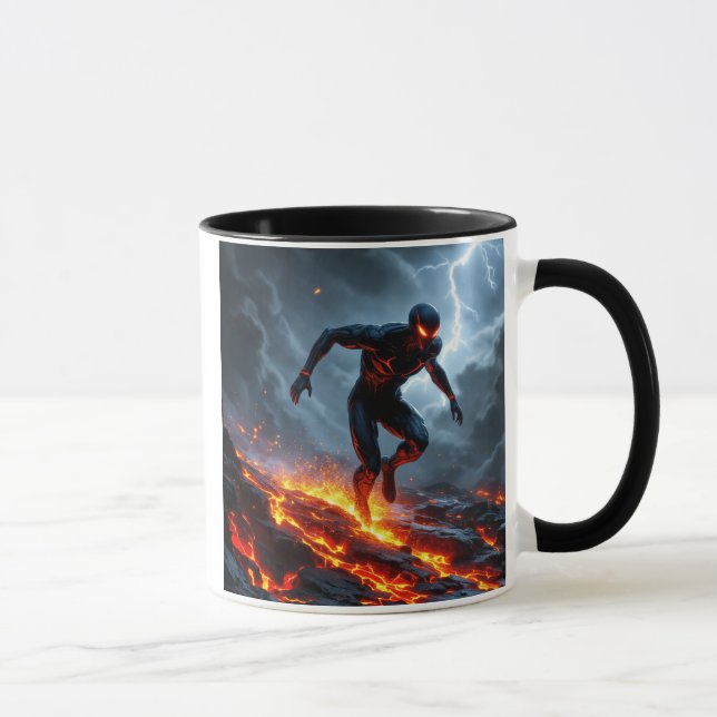 Taza  Super-héros traversant un champ de lave. (Derecha)
