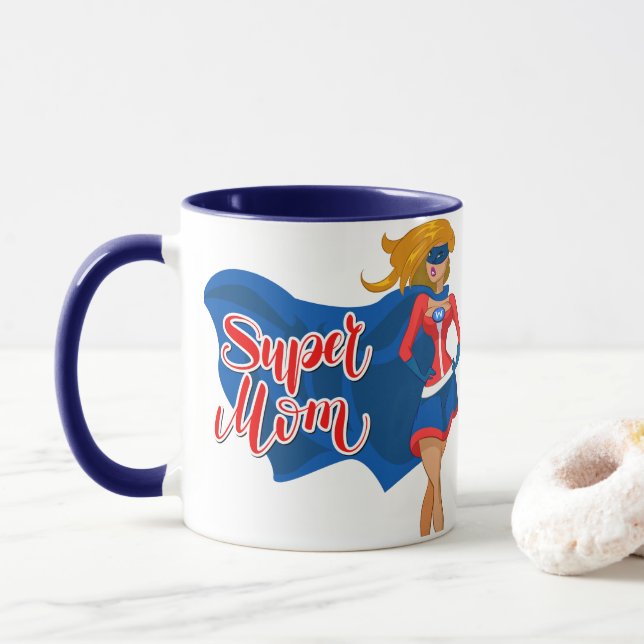 Taza Super Mamá de arte pop cómico en Cape Mug (Con donut)