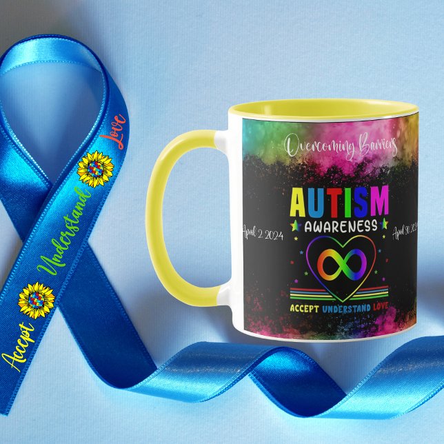 Taza Superar barreras: Conciencia sobre el autismo de m (Join a movement celebrating the journey "Overcoming Barriers" with our striking Autism Awareness mug)