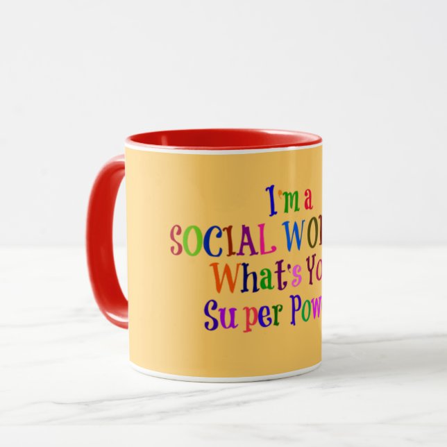 Taza Superhéroe de trabajador social, texto colorido (Anverso izquierdo)